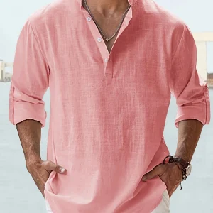 Men's Linen Stand Collar Long Sleeve T-Shirt